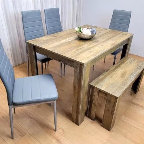 Kosy Koala Rustic Dining Table Set for 6 with 4 Grey Leather Chairs and 1 Bench in Brown – 1
