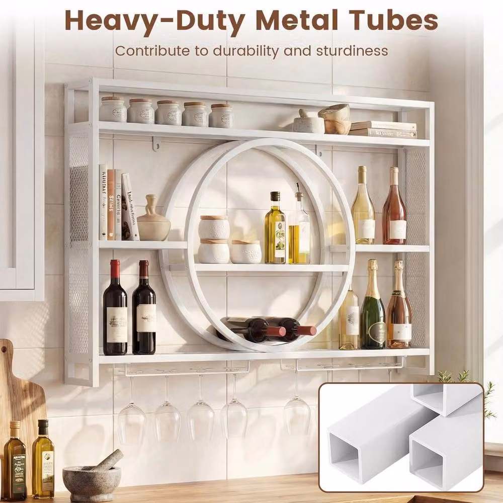 SPETLEK Modern White Wall Mounted Bar Shelf with Glass and Metal Design – 3