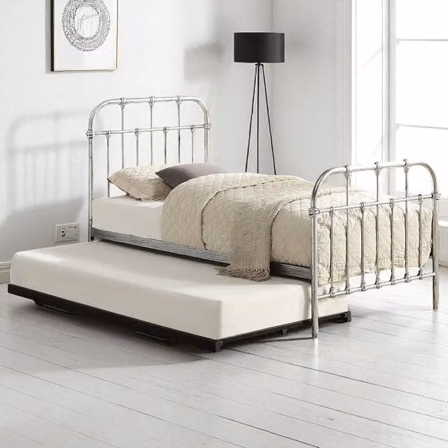 OAT Home Camden Metal Bed Frame with Guest Trundle in Silver and Black Distressed Steel Effect
