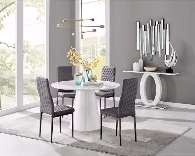 FurnitureboxUK Palma White High Gloss Round Dining Table and 4 Grey Velvet Milan Chairs with Black Legs
