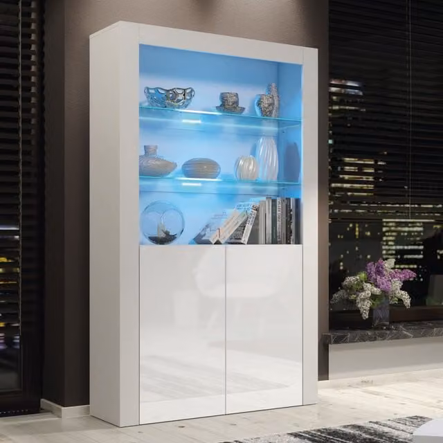 Mex Furniture LTD Modern Glossy White Display Cabinet with LED Lights and Glass Doors, H 170 cm x W 100 cm x D 35 cm