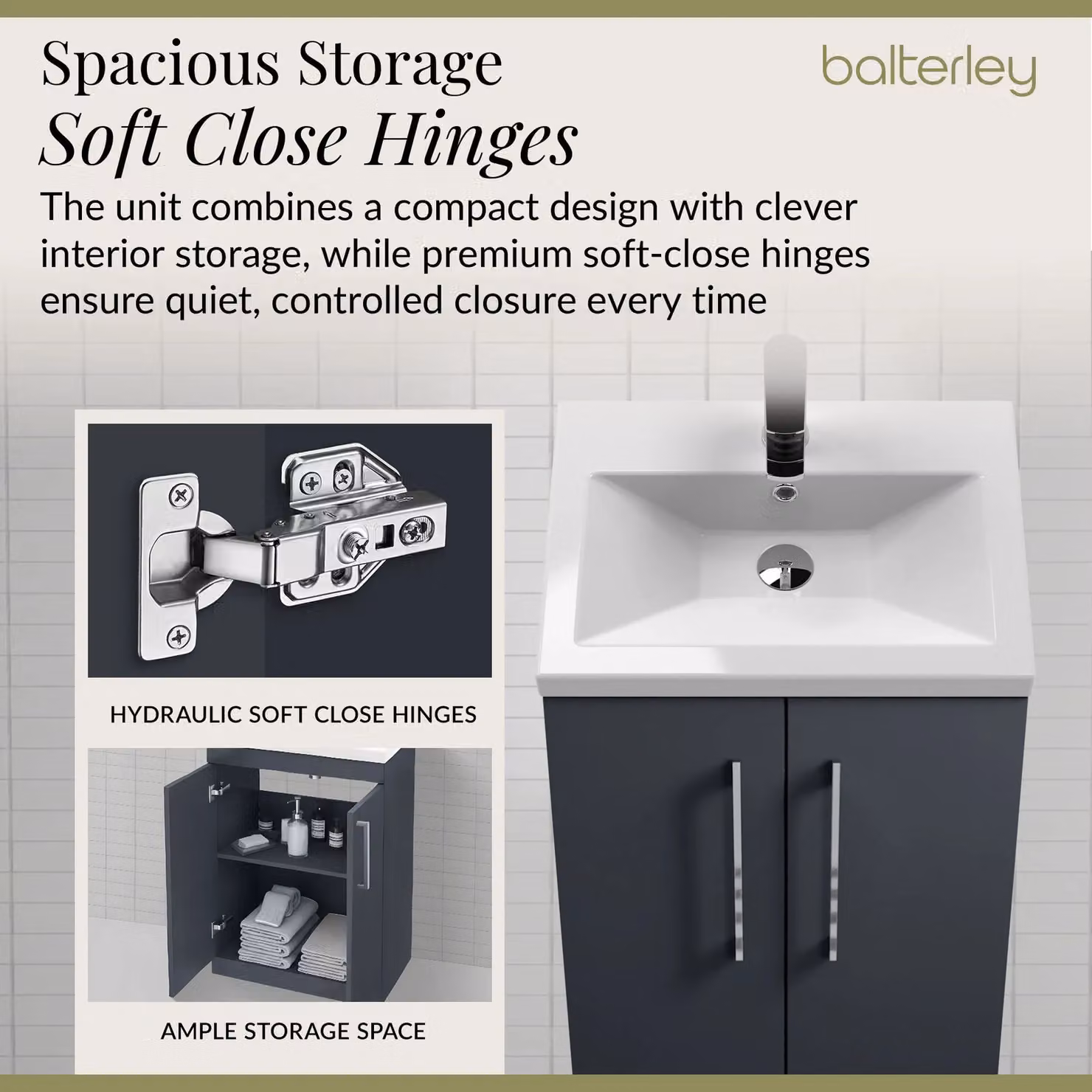 Balterley Freestanding Bathroom Vanity Unit with Basin, Soft Close 2 Doors, Grey, W/D/H: 51 x 36 x 84 cm – 3