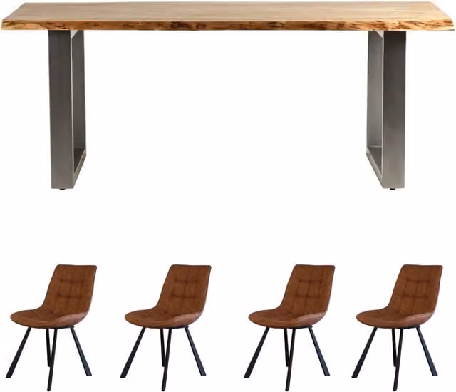 IH Design Acacia Wood Live Edge Rectangular Dining Table and 4 Chairs Set in Brown and Black