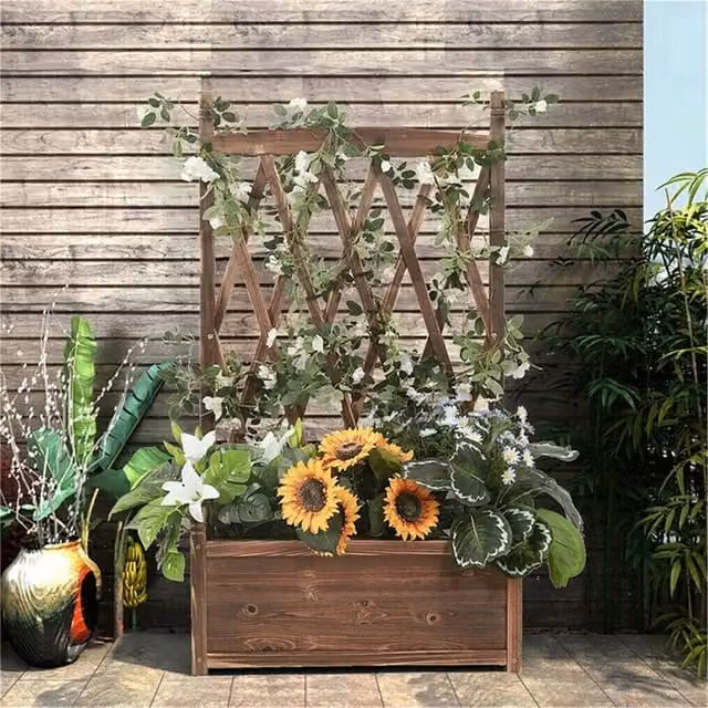 VOGREX Large Wooden Raised Garden Planter Box with Trellis and Drainage, Brown, W: 114.8 cm, D: 64.0 cm, H: 20.07 cm