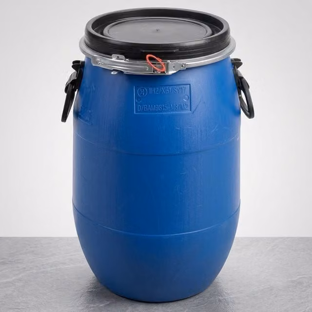 Storm Trading Group 30L Blue Plastic Open Top Storage Barrel with Lid and Clip Latch