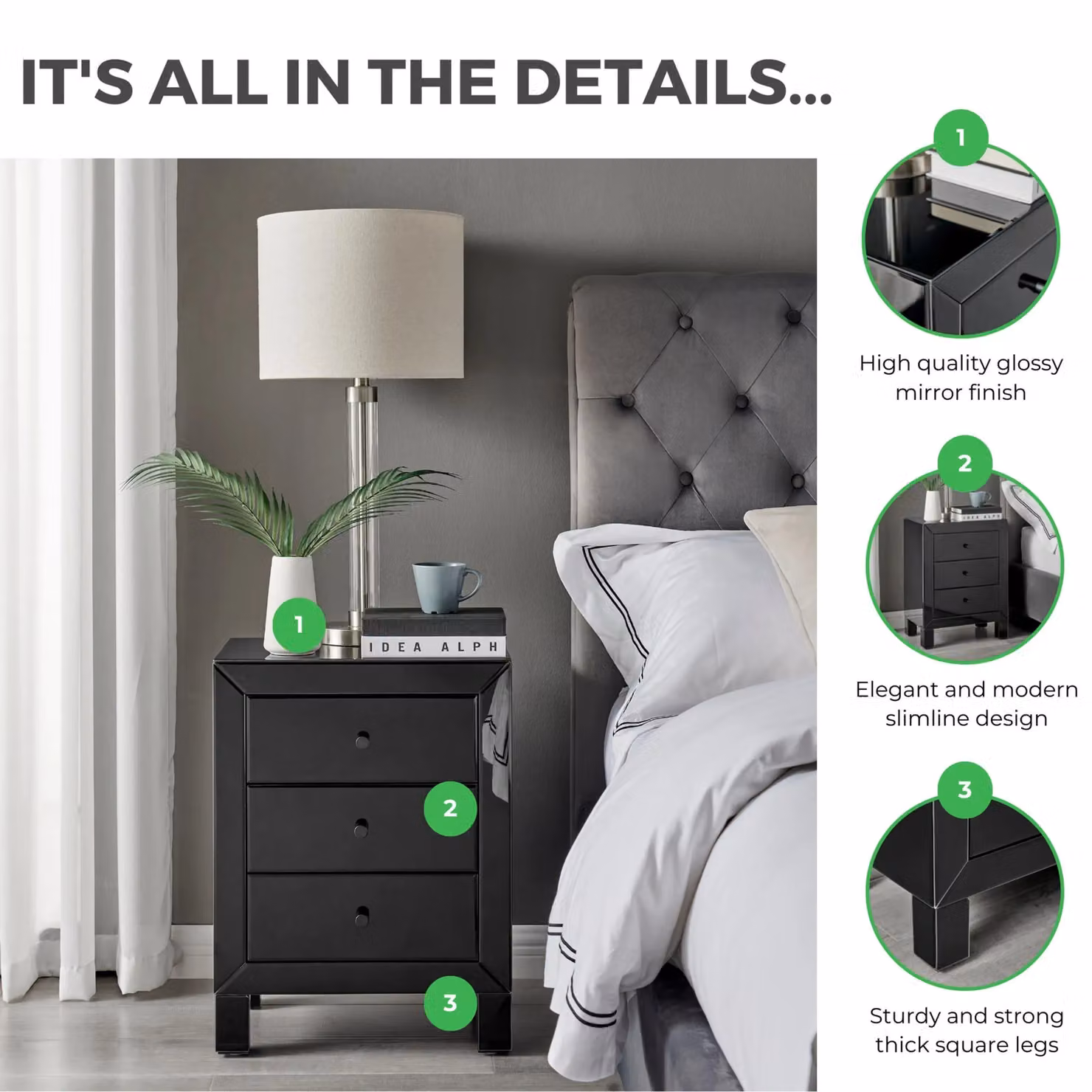 FurnitureboxUK Lexi Large Wooden Bedside Table with 3 Drawers and Modern Black Mirrored Finish – 5