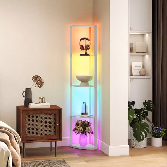 HOMCOM RGB LED Floor Lamp with Shelves and Remote Control in Grey