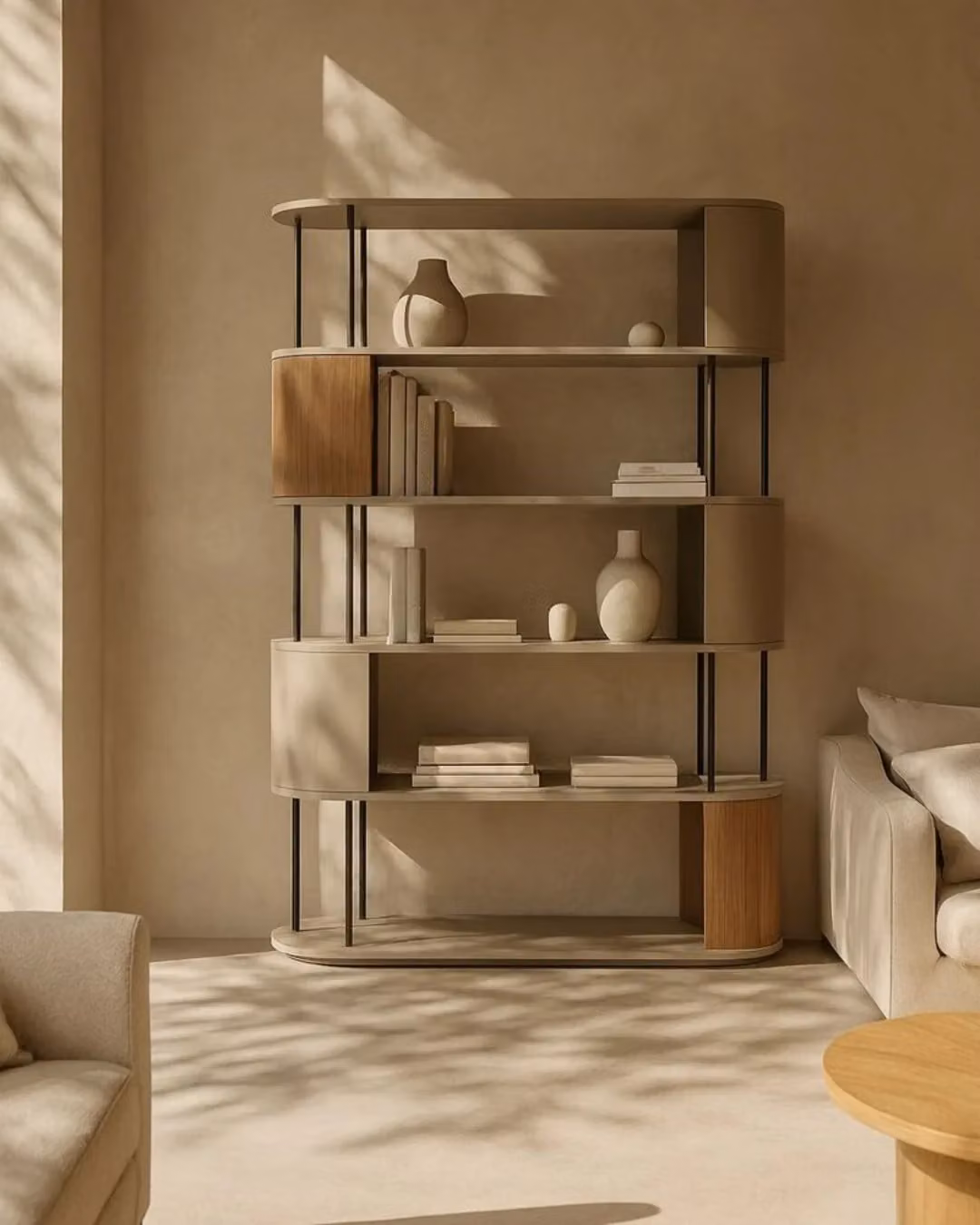 Tommy Franks Salvo Modern Metal Bookshelf in Black and Beige, H: 190.0 cm, W: 130.0 cm, D: 38.0 cm