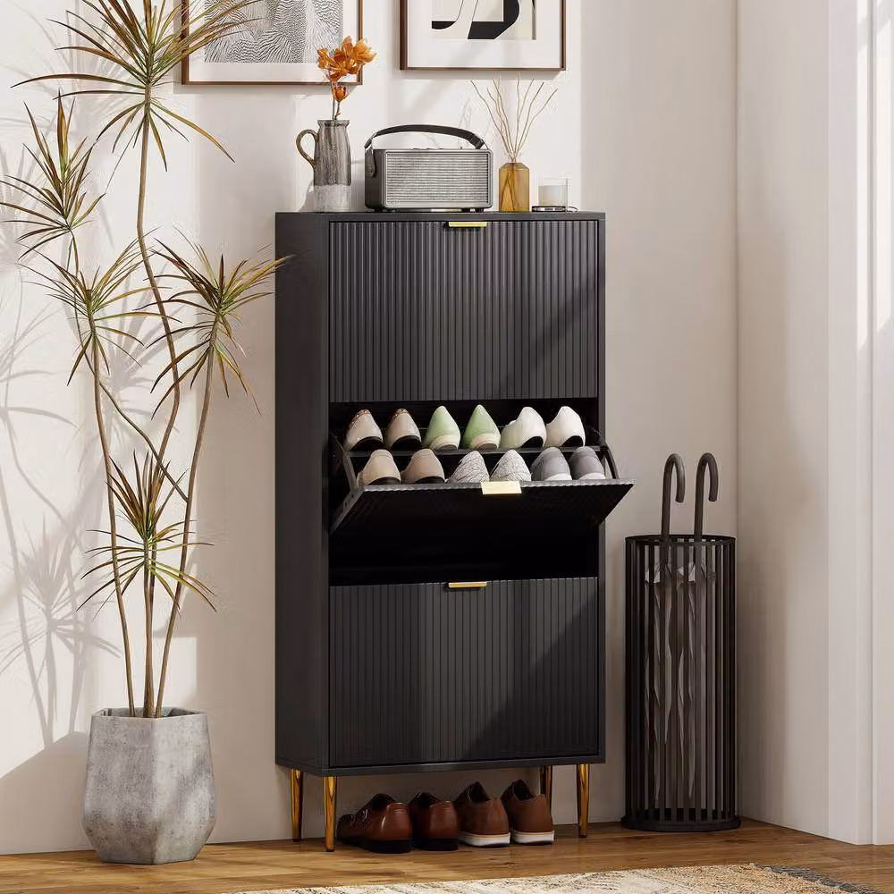 HOMCOM Slim Modern Shoe Storage Cabinet with Tilting Compartments and Internal Shelves in Black and Gold – 2