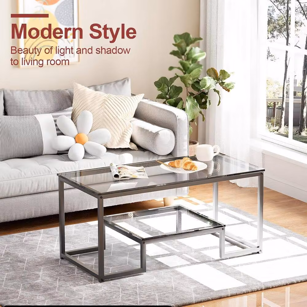 Huhote Modern Rectangular Coffee Table with Grey Glossy Glass Top, W/D/H: 100 x 47.75 x 44.96 cm – 4