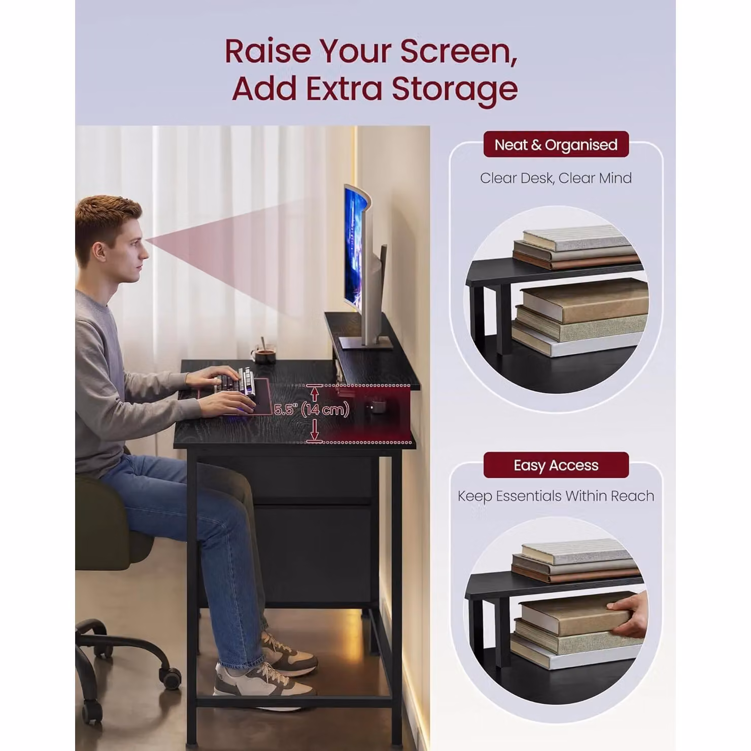 VASAGLE Wide LED Gaming Computer Desk with Monitor Stand, USB Ports and Fabric Drawers, Black – 5