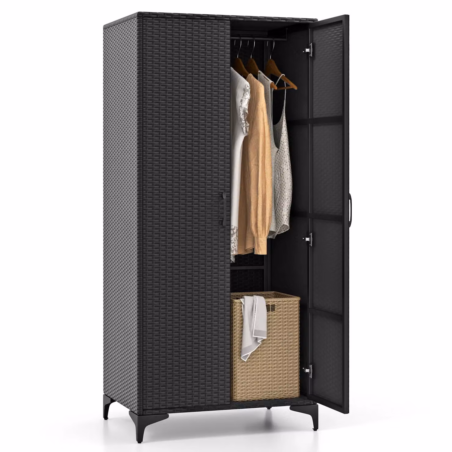 Costway PE Rattan Wardrobe with Hanging Rod in Black, Width: 157 cm – 2