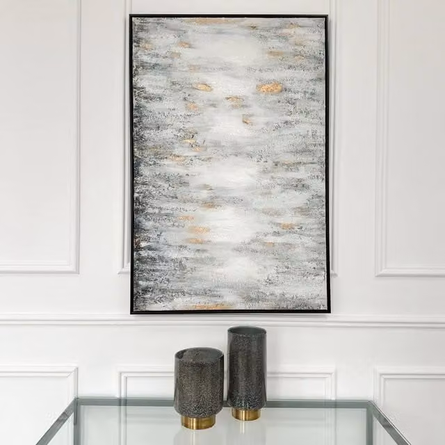 Modish Furnishing Abstract Modern Canvas Wall Art in White, Black, Gold and Grey