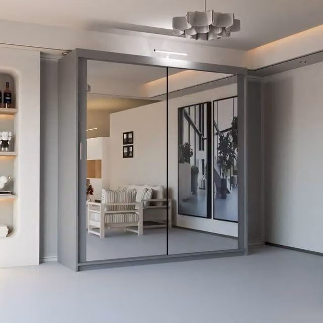 Sliding Wardrobes 4U Modern Grey Mirror Sliding Wardrobe with Integrated LED Lighting W: 150 cm, H: 217 cm