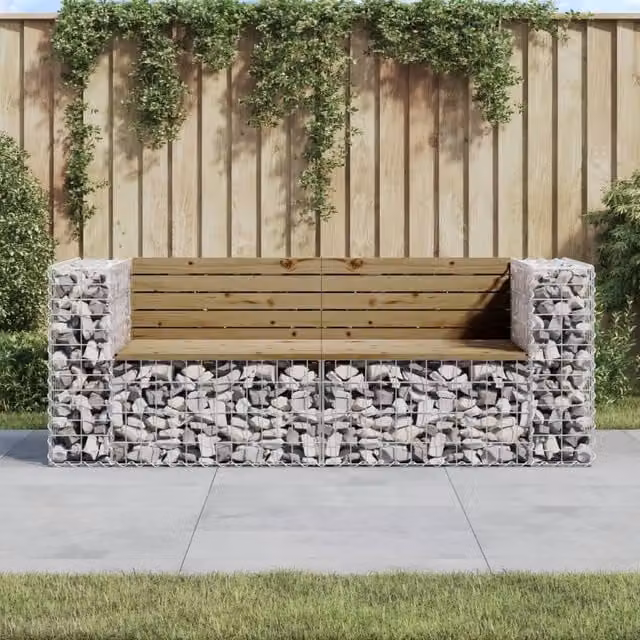 Berkfield Home Gabion Design Garden Bench in Brown Impregnated Pine Wood, W: 184 cm, D: 71 cm, H: 65.5 cm – 1