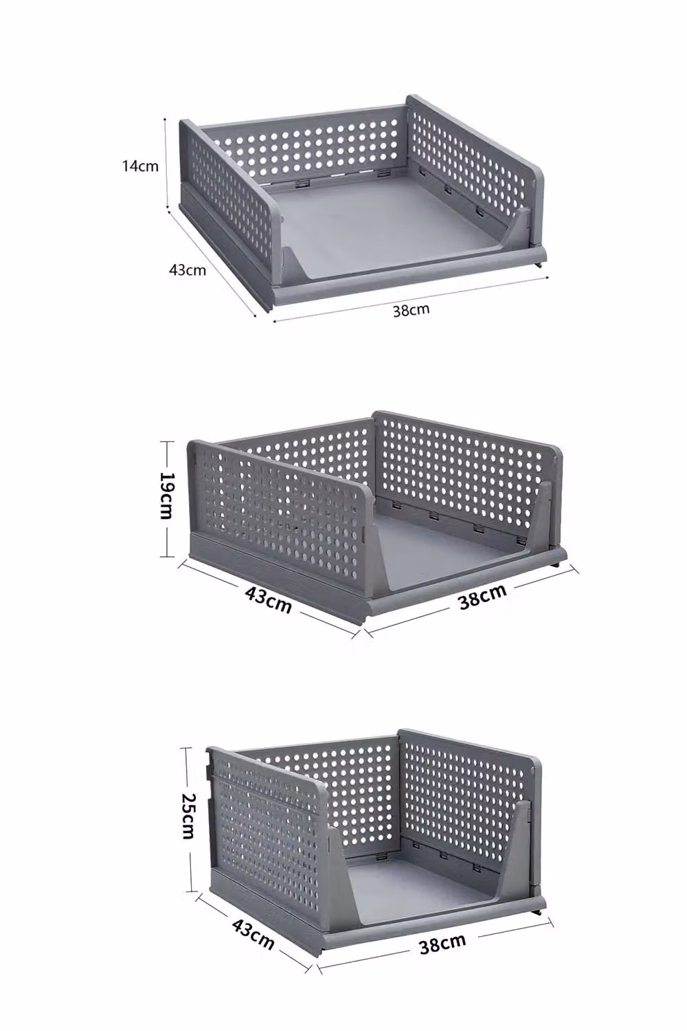 Living and Home Set of 3 Grey Foldable and Stackable Plastic Storage Boxes for Wardrobes, Toys, Kitchens or Bedrooms – 4