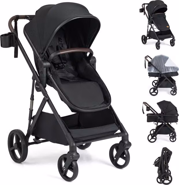 Costway Foldable Convertible Baby Stroller with Bassinet, Black