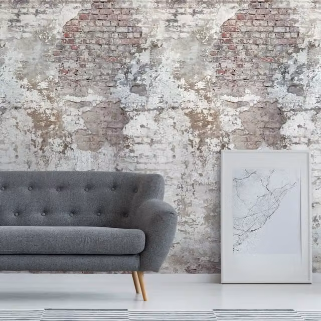 Grandeco Stressed Brick Industrial Mural Wallpaper in Grey and Red