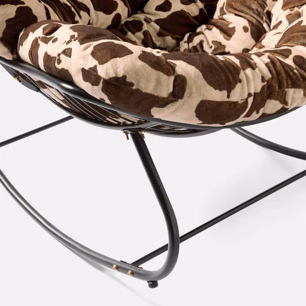 OHS Animal Print Fleece Rocking Chair with Armrests and Metal Frame in Brown and Multicolour – 3