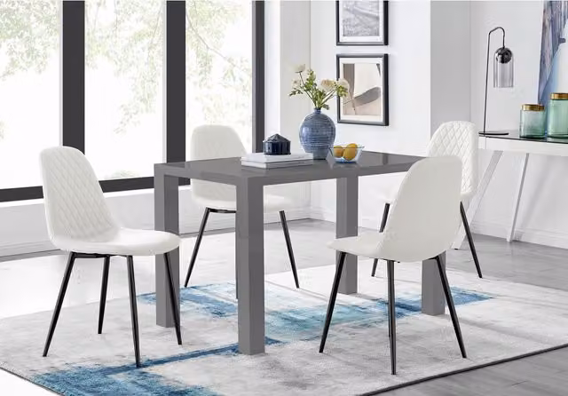 FurnitureboxUK Pivero White Rectangular Dining Table with 4 Grey Chairs and Black Legs