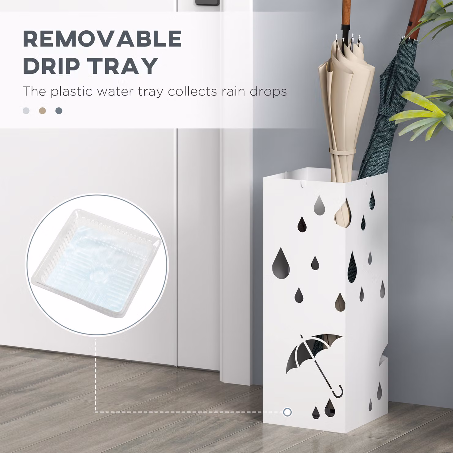 HOMCOM White Steel Six-Umbrella Holder Stand with Removable Tray – 4