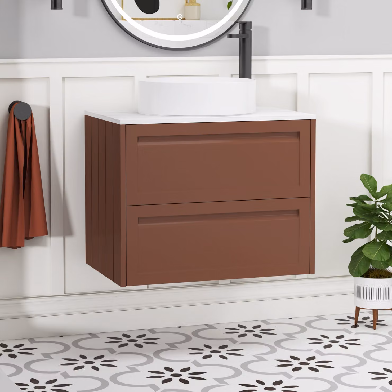 Royal Bathrooms Elmore 700mm Terracotta Clay Wall Hung Vanity Unit with 2 Drawers and Art Basin