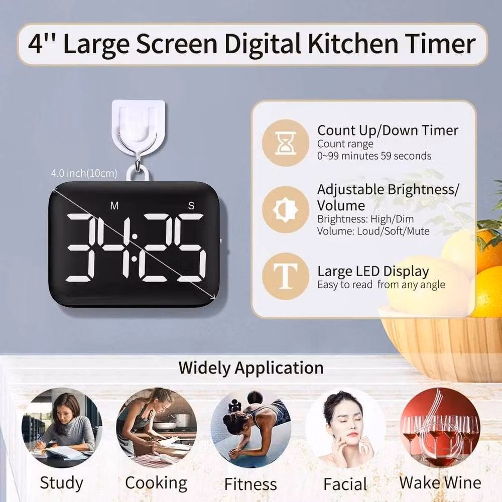 NESTLUNE LED Digital Timer with Manual Countdown Alarm and Rotary Control, Black, W: 100 cm, H: 15 cm, D: 15 cm – 2