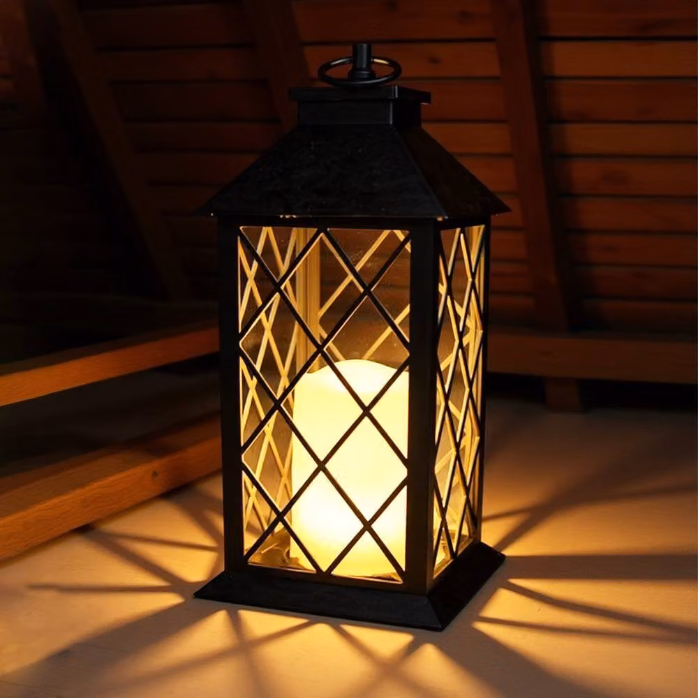 Bright Zeal Set of 2 Black and Gold Decorative Pillar Candle Lanterns with Timer and Flicker Effect, Height: 34 cm – 3