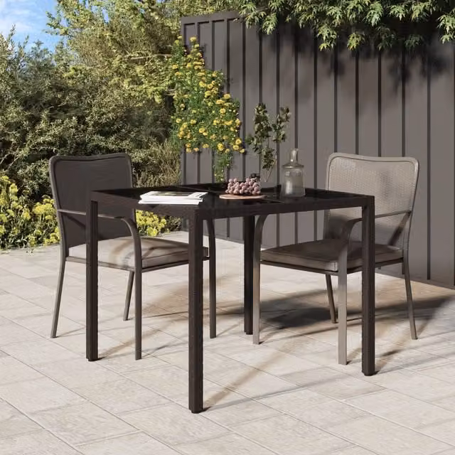 Berkfield Home Brown Poly Rattan Garden Dining Table with Glass Top, W/D/H: 90 x 90 x 75 cm