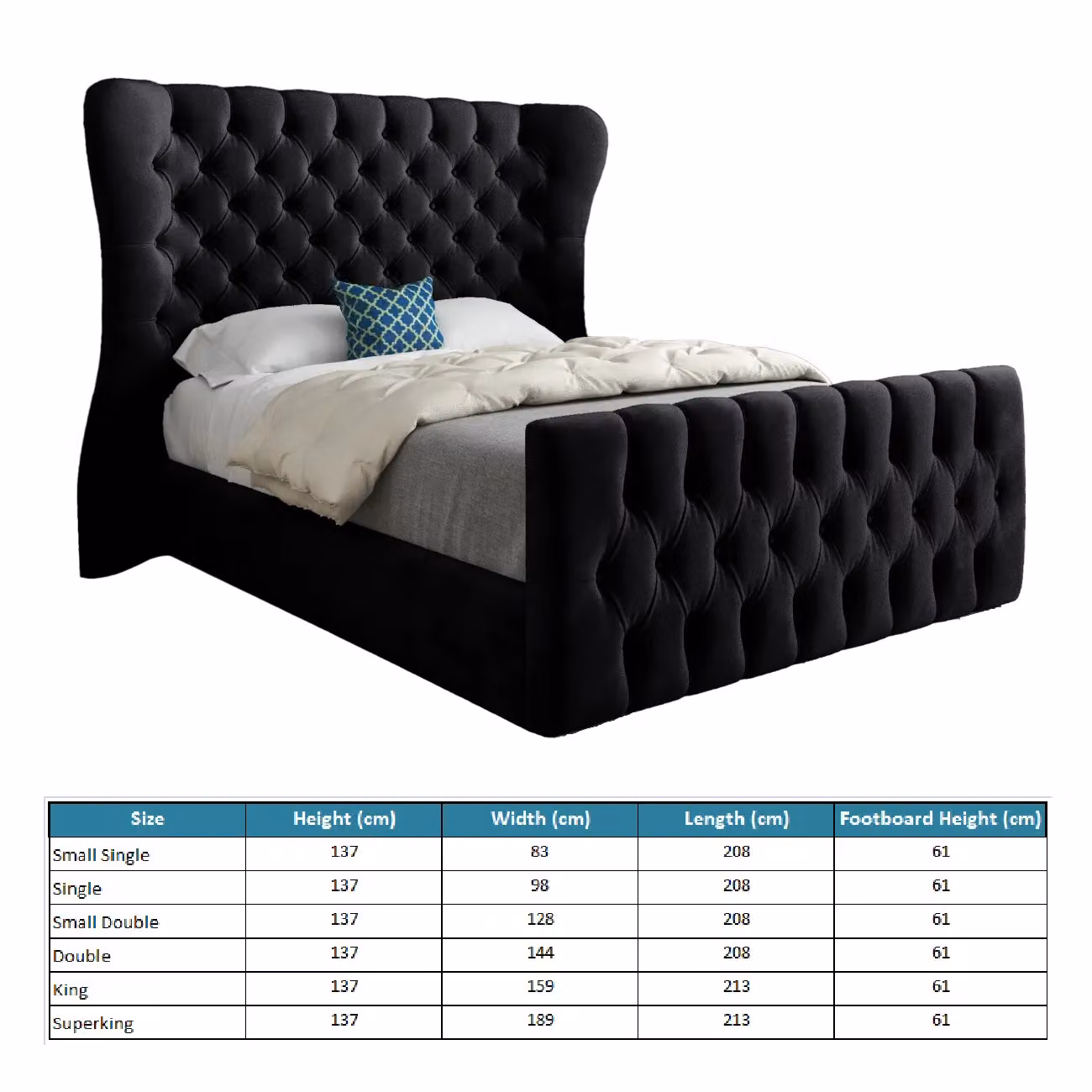 Casani Chesterfield Upholstered Velvet Bed Frame in Black, W/D/H: 90 x 200 x 137 cm – 5
