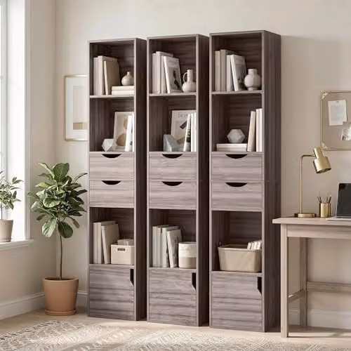 HOMCOM 3-Tier Grey Modern Bookcase with Drawers, H 158 x W 30 x D 24 cm – 5
