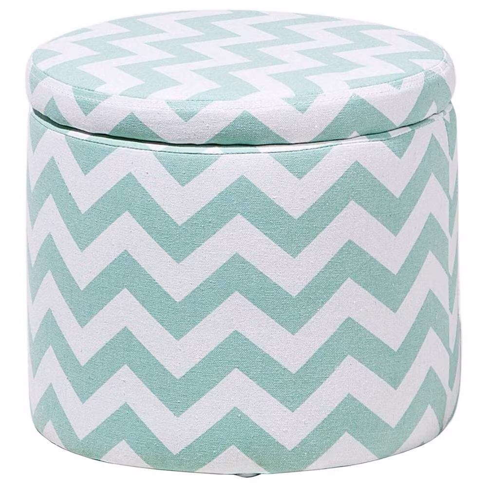 Wyld and Coco Round Storage Stool in Green and White Cotton Fabric, W/D/H: 35 x 35 x 30 cm – 1