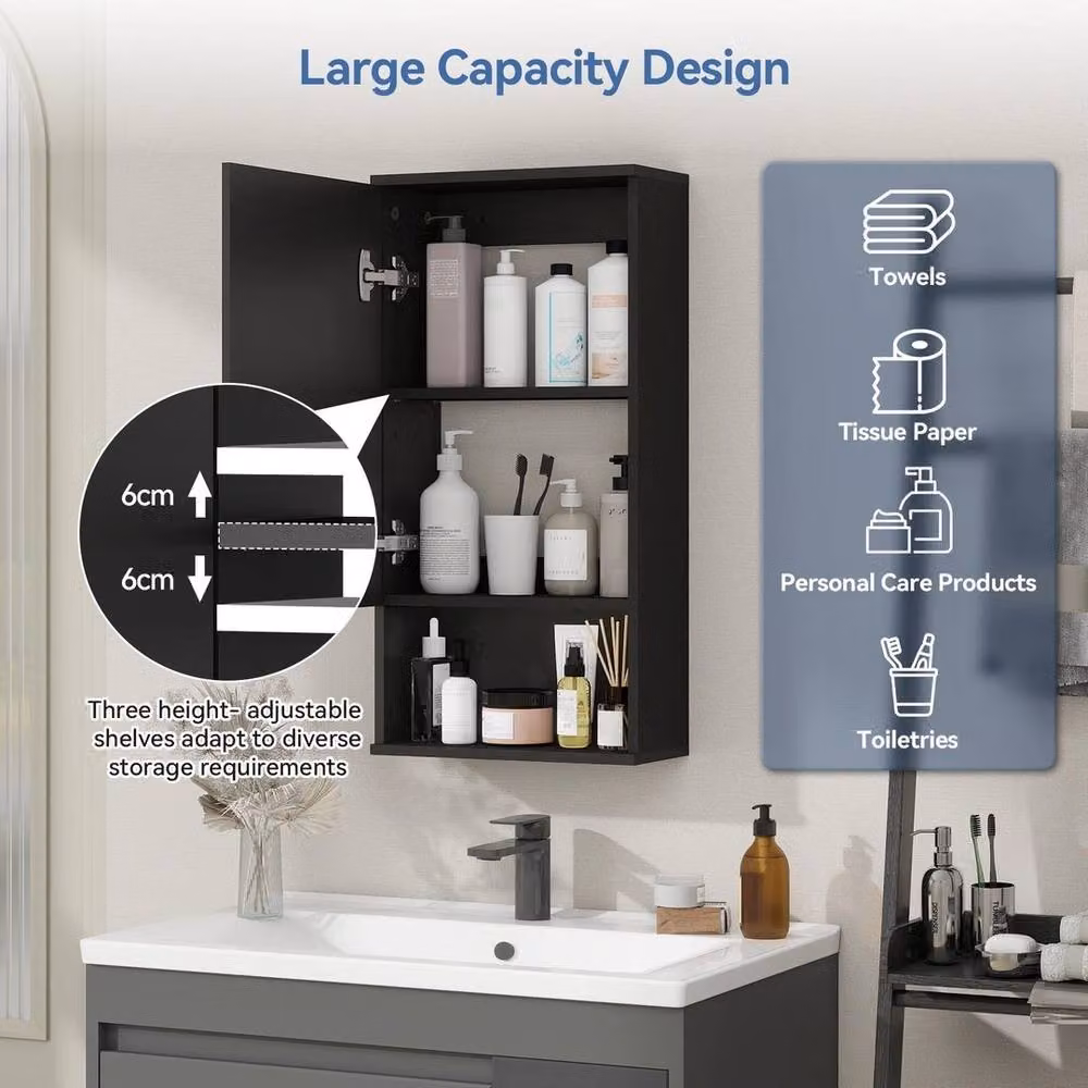 KORVIXA Modern Black Wooden Wall Mounted Bathroom Cabinet with Internal Shelves and Open Shelf, W: 60 cm, H: 60 cm, D: 60 cm – 5
