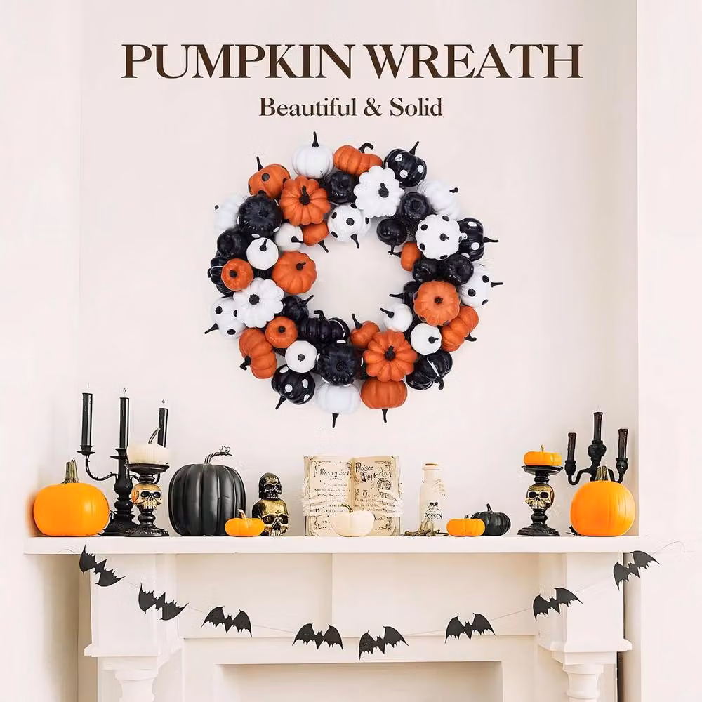London Boutique Halloween Pumpkin Rattan Wreath in Orange, Black and White, Diameter: 45.72 cm – 5