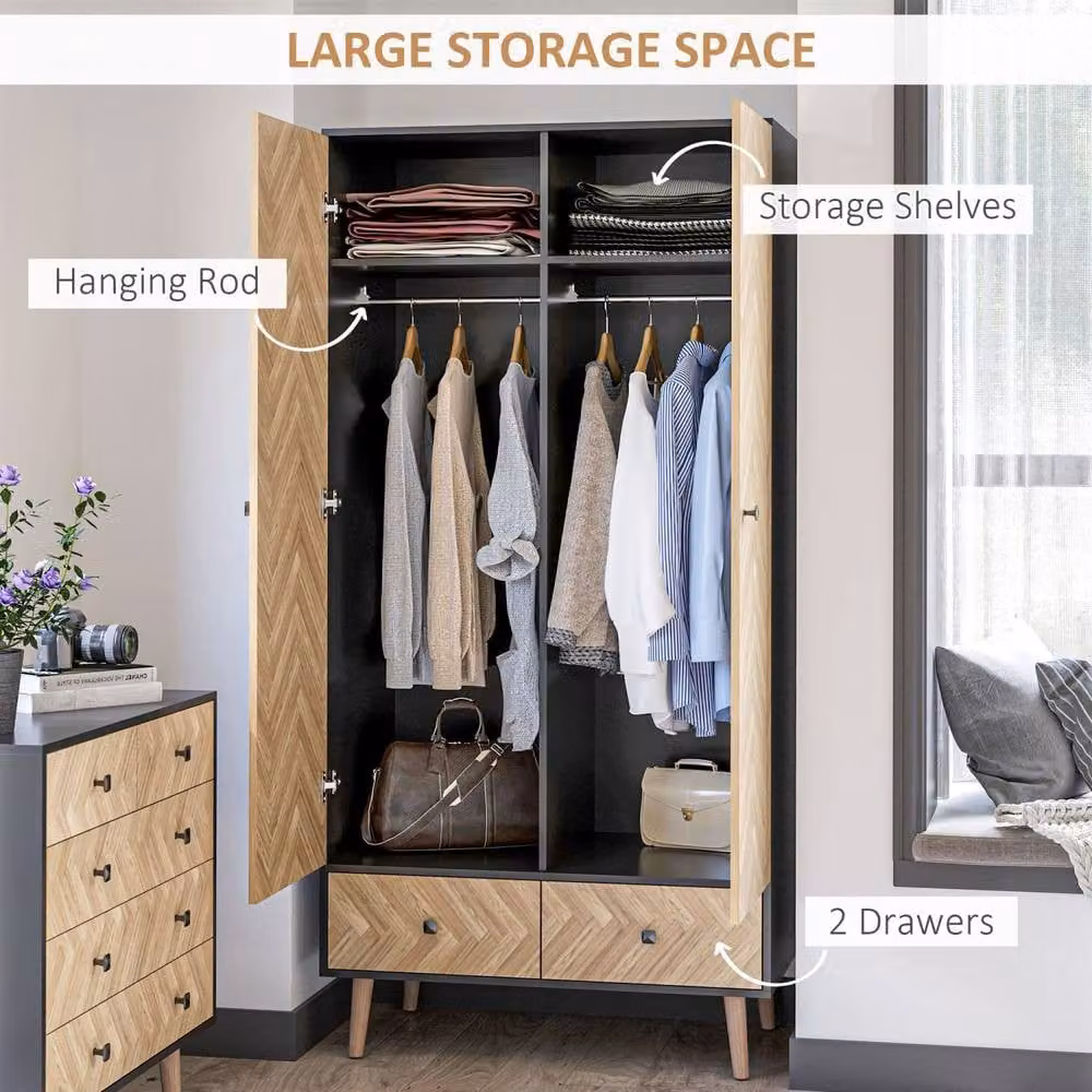 Wyld Haus Grey Wood Grain Wardrobe with Hanging Rods and Drawers W/D/H: 90 x 50 x 190 cm – 1
