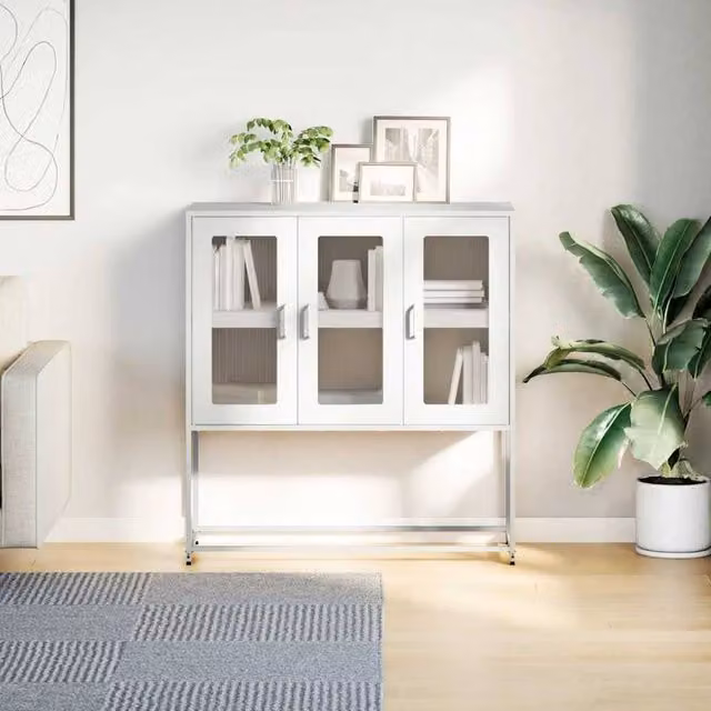 Berkfield Home White Matt Metal Sideboard W: 100.5 cm, D: 39 cm, H: 107 cm
