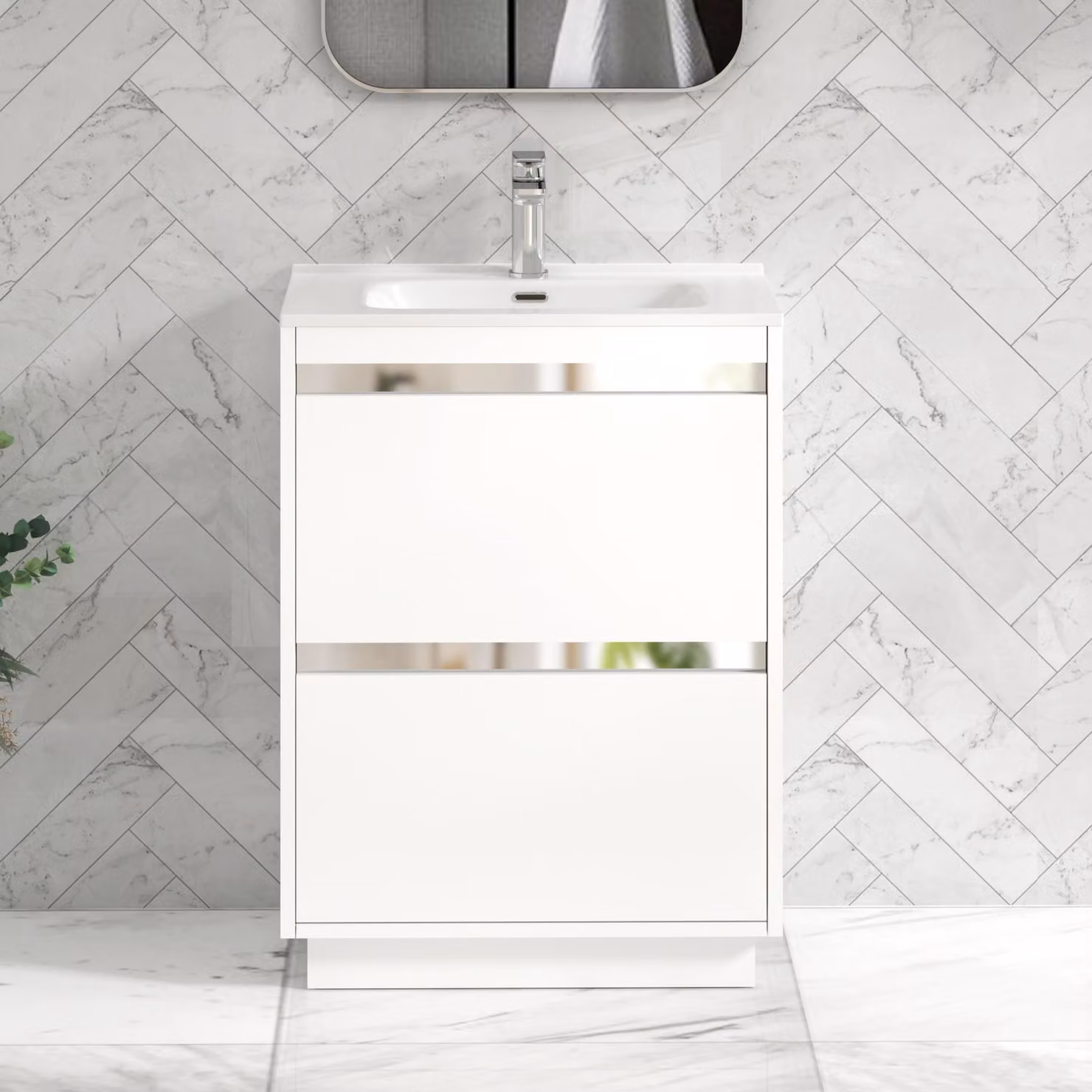 Royal Bathrooms Orion 600mm Matt White 2 Drawer Floor Standing Vanity Unit with Ceramic Basin and Chrome Accent Trim