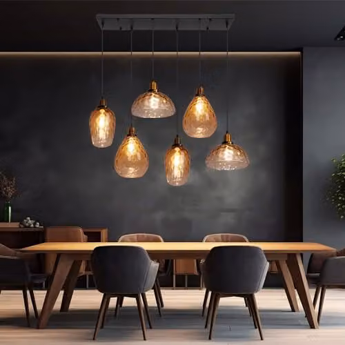 Globo Lighting Amber Glass and Black Metal Dining Room Pendant Light for 6 E27 Bulbs – 3