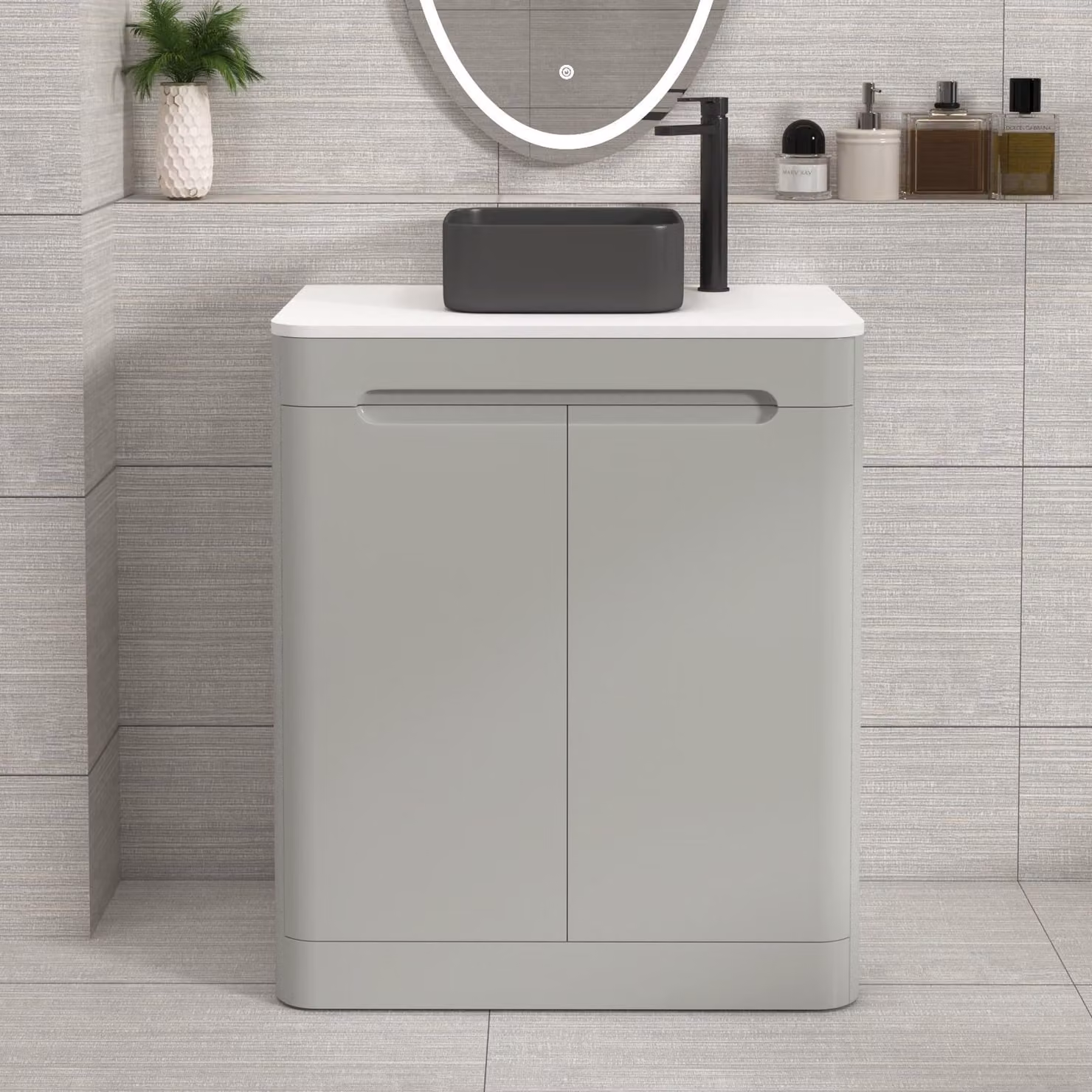 Royal Bathrooms Venice 700mm Floor Standing 2 Door Vanity Unit in Dove Grey with Plain White Worktop and Art Square Basin