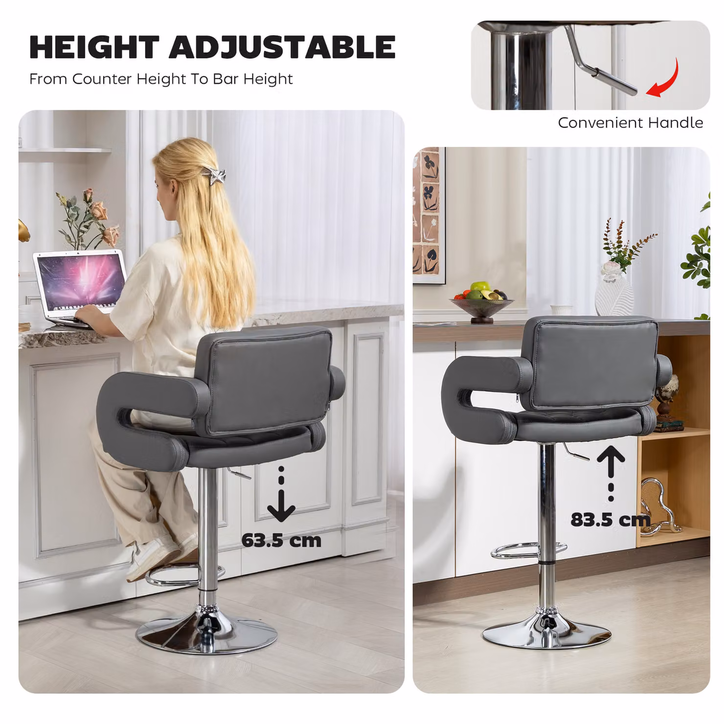 HOMCOM Grey PU Leather Upholstered Swivel Bar Stool with Armrests and Footrest, Height Adjustable – 3