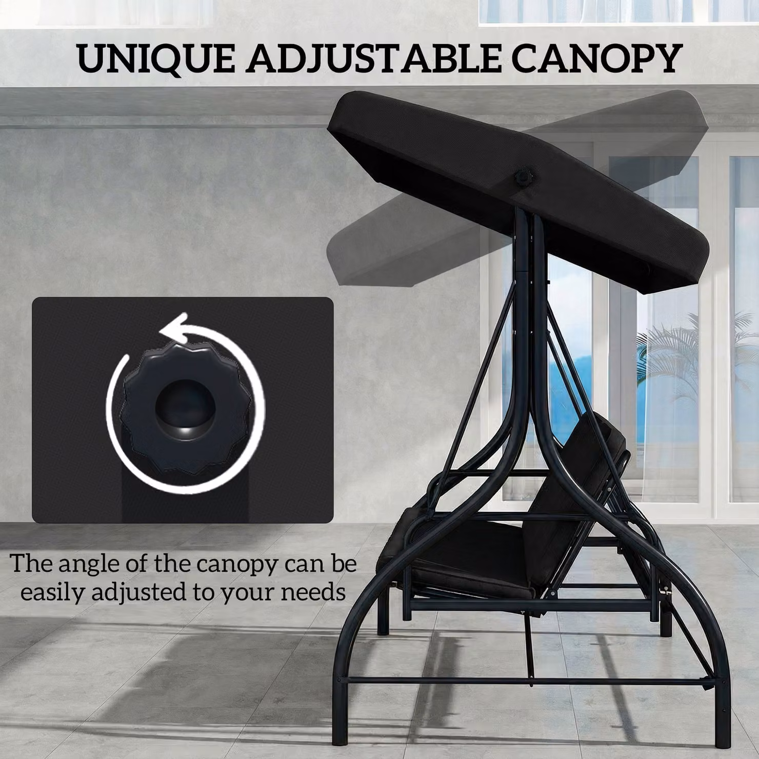 Outsunny 3 Seater Canopy Swing Chair and Convertible Garden Swing Bed in Black with Metal Frame and Cushions – 4