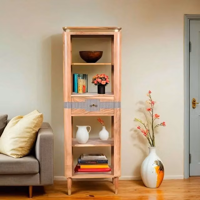 IH Design Acacia Wood Slim Bookcase with 1 Drawer, Grey, H 175 x W 60 x D 40 cm