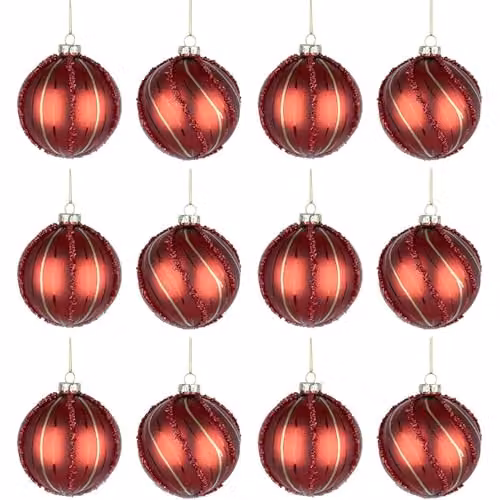 SHATCHI 12-Piece Red Glass Christmas Bauble Set with Assorted Geometric and Striped Designs, Diameter: 8 cm – 1