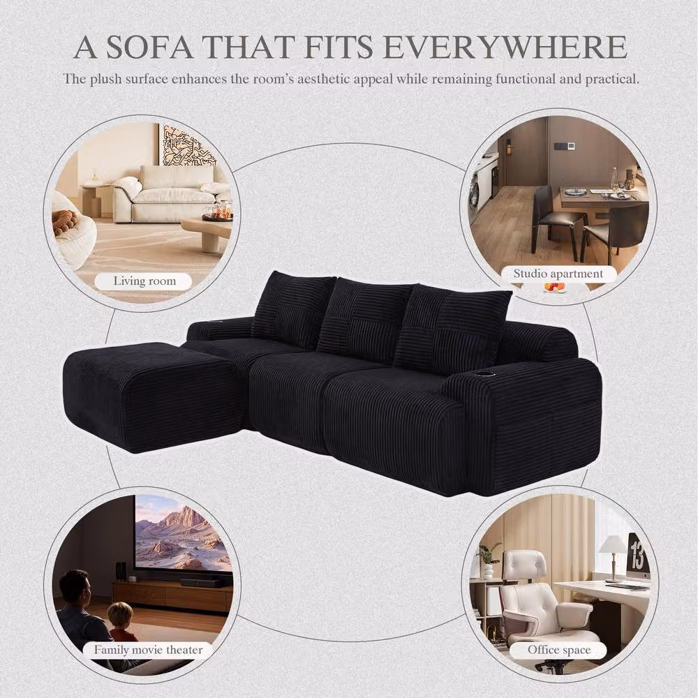 Matteo Black Modular 3-Seater Corduroy Sofa with Cup Holders and Reversible L-Shape Design – 7