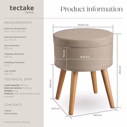 tectake Yara Round Storage Stool in Sand Fabric with Beech Legs, W/D/H: 45.5 x 45.5 x 42.5 cm – 3