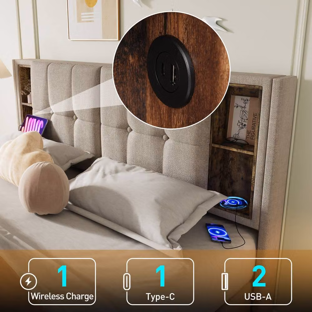 ModernLuxe Upholstered Ottoman Bed with Storage Headboard and USB Charging Port in Beige, W/D/H: 140 x 200 x 100.5 cm – 3
