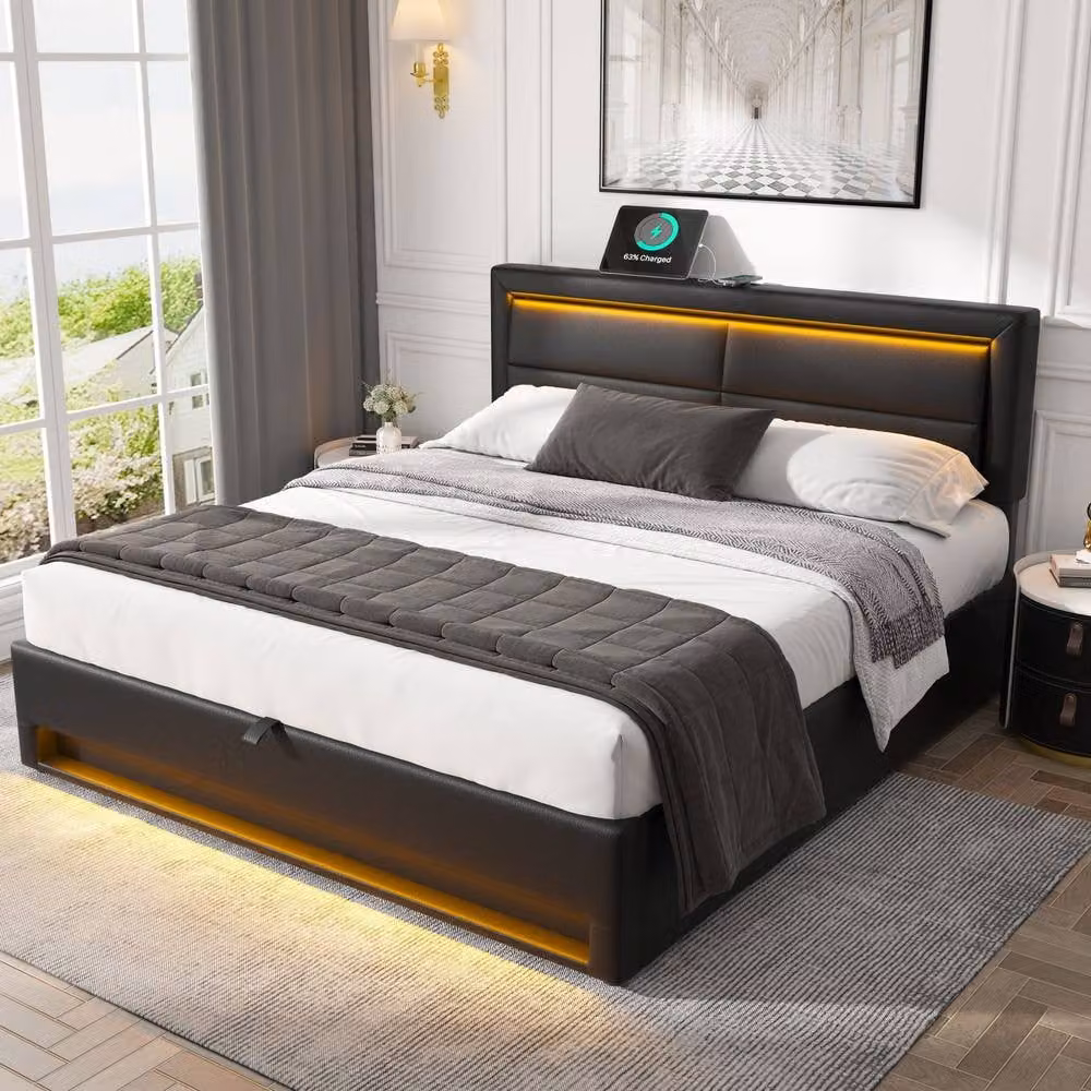 BTM Black PU-Lychee Upholstered Double Bed with USB Charging, LED Lighting and Lift-Up Storage, W/D/H: 140 x 190 x 135 cm – 2