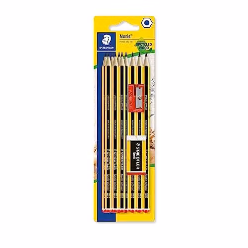STAEDTLER Noris School Graphite Pencils HB with Sharpener and Eraser, Grey and Yellow, Pack of 10