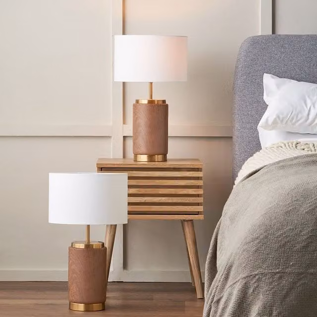 Ruma Set of 2 Brown Ceramic Table Lamps with Wood Effect Design