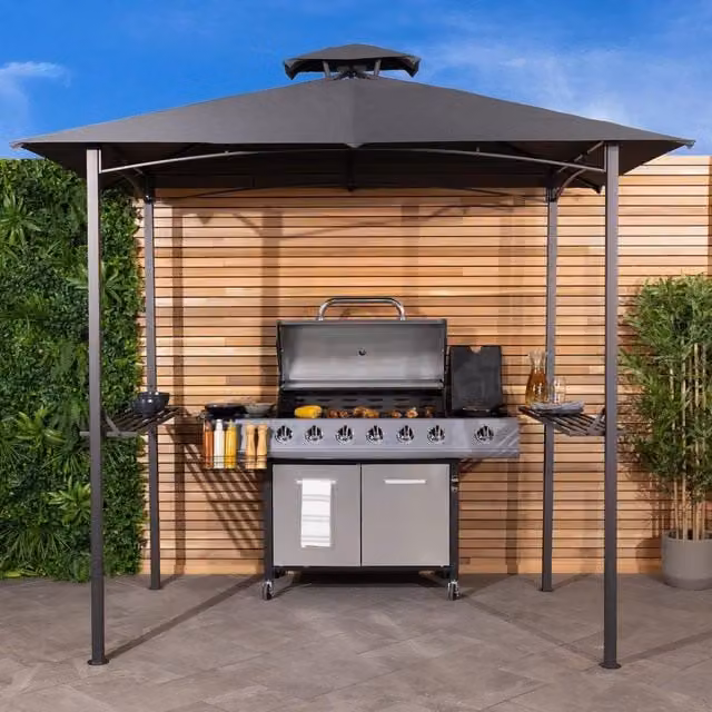 Charles Bentley Large BBQ Gazebo Outdoor Tent Shelter with Steel Frame and Polyester Canopy in Grey, W/D/H: 240 x 150 x 230 cm – 1